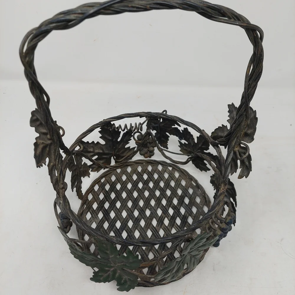 Wrought Iron Woven Grapes Ivy Metal Basket Open Weave Tuscan Wine Decorative